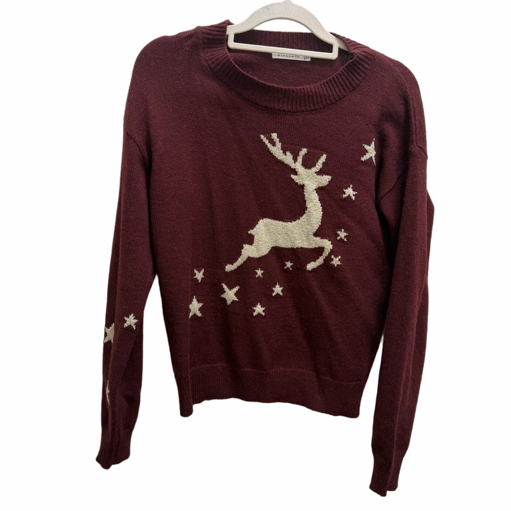 Staccato Burgundy Holiday Reindeer Sweater Size Small